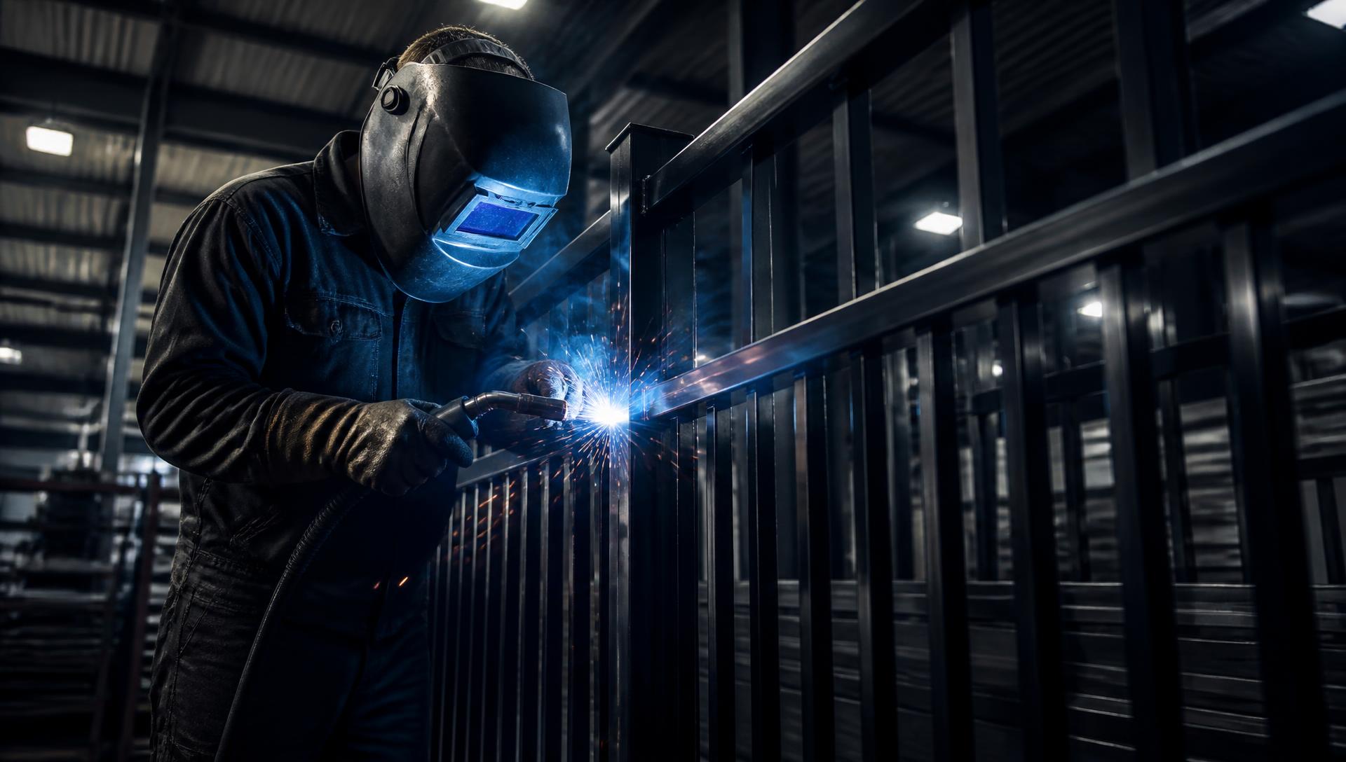 Welder constructing a steel fence with blue sparks